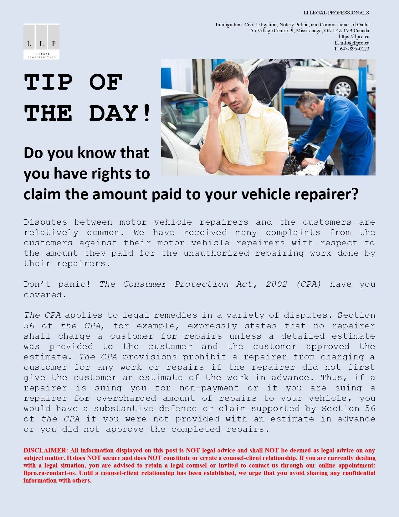 Disputes Between Motor Vehicle Repairers And The Customers